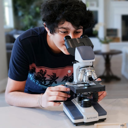 AmScope B120 Series Student & Professional Binocular Compound Microscope - 40X-2500X Magnification - Includes 3D Stage, Tweezers, 25-Piece Prepared Slides Set & Handheld Multi-USB Digital Microscope