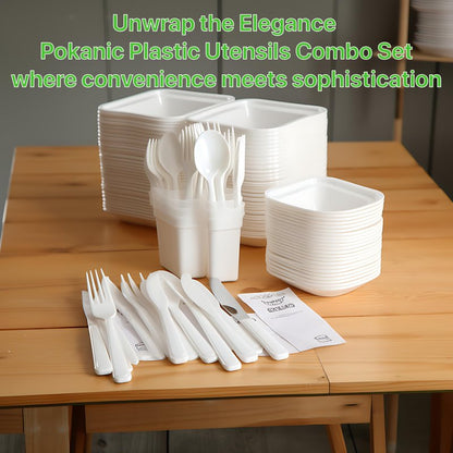 Pokanic Plastic Utensils x [125 Pack] Silverware Wrapped Combo Set Bulk Variety Pack Disposable Cutlery Party Supply Heavy Duty Forks, Spoons, Knives, Napkins, Salt Pepper (125 Pack, White - Set A)