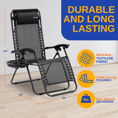 SereneLife Zero Gravity Lounge Chairs 2-Pack - Adjustable Folding Recliners with Side Table & Cup Holder - Black Patio Chairs for Lawn, Garden, Camping