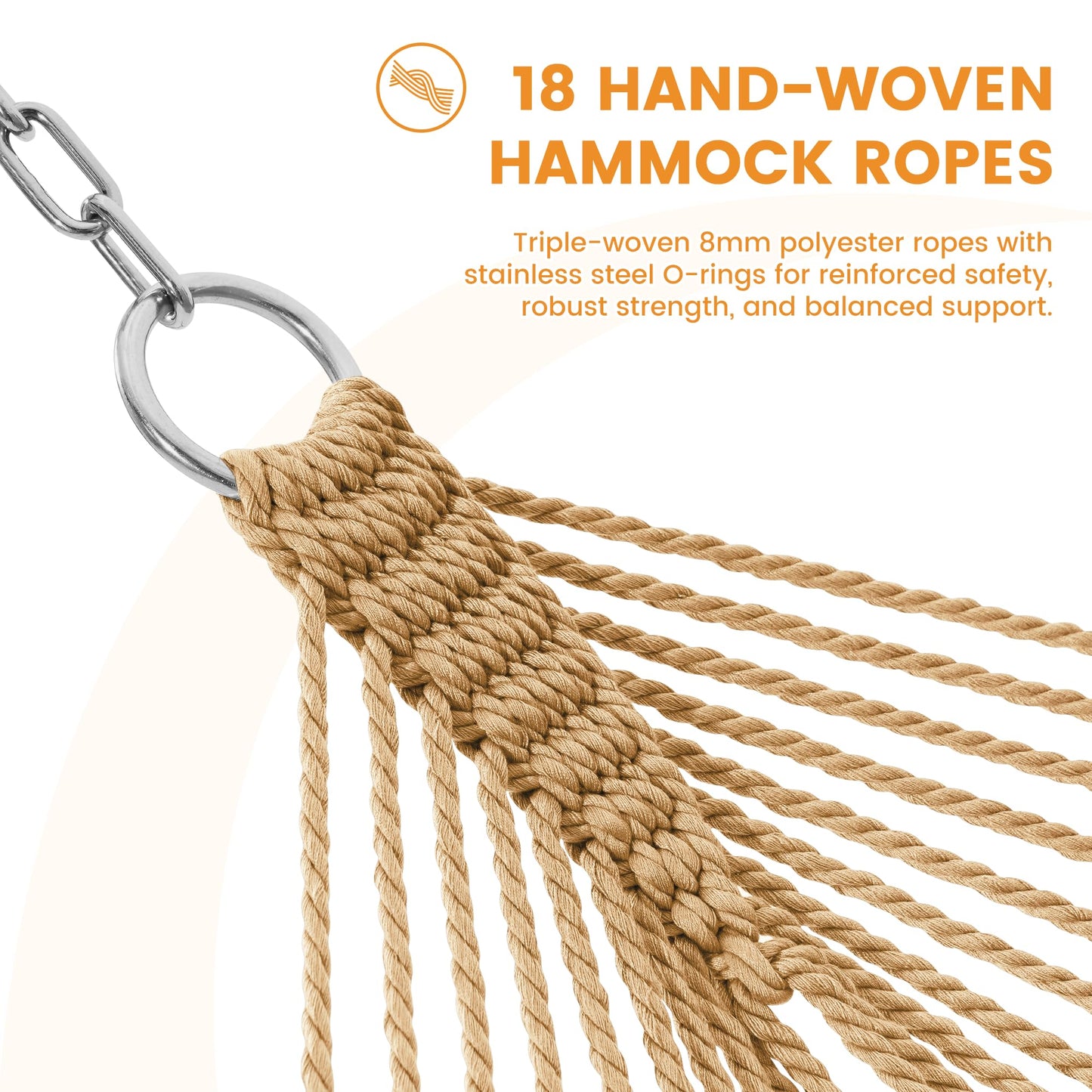 Lazy Daze Hammocks 10.5 FT Double 2 Person Caribbean Rope Hammock, Hand Woven Polyester Hammock with Spreader Bars, for Outside Outdoor Backyard Patio Poolside, 450 LBS Capacity, Tan