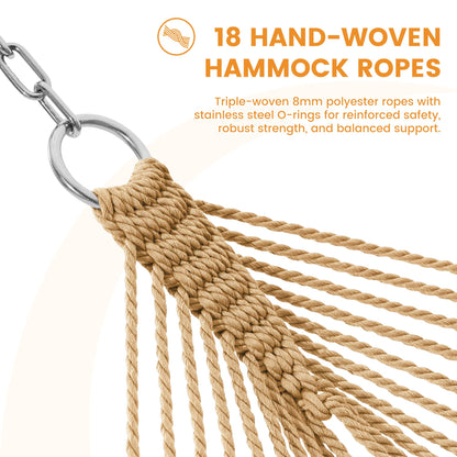 Lazy Daze Hammocks 10.5 FT Double 2 Person Caribbean Rope Hammock, Hand Woven Polyester Hammock with Spreader Bars, for Outside Outdoor Backyard Patio Poolside, 450 LBS Capacity, Tan