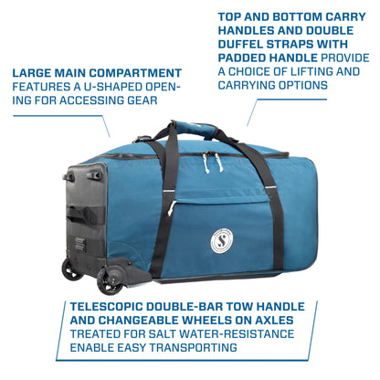 SCUBAPRO Sport 105 Wheeled Dive Bag with Telescopic Double-Bar Tow Handle, Carry Handles and Double Duffel Straps for Scuba Diving Gear, Denim Blue Color Fabric