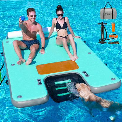 FBSPORT Inflatable Floating Dock with Boat Ramp,Non-Slip Air Dock Floating Platform with Water Ladder and Headrest, Inflatable Island Water Raft for Pool Lake Beach Ocean