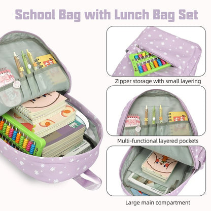 Flowers School Backpack for Girls, 3PCS Bookbags Set with Lunch Box Pencil Pouch Elementary Middle School Bag Laptop Back Packs (Daisy Purple)