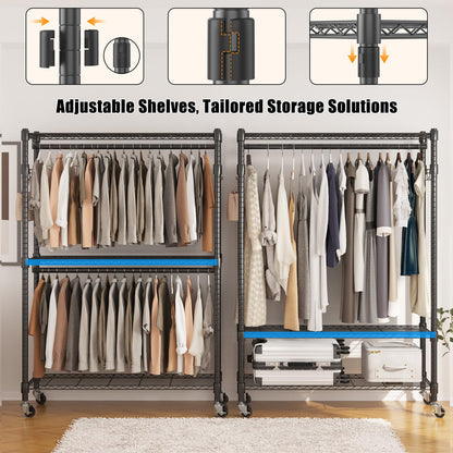 BATHWA Heavy Duty Rolling Clothes Rack with Wheels, 640 lb Hanger Rack & Garment Rack, 25mm Metal Freestanding Portable Closet, 2 Rods + Adjustable Shelves for Hanging Clothes