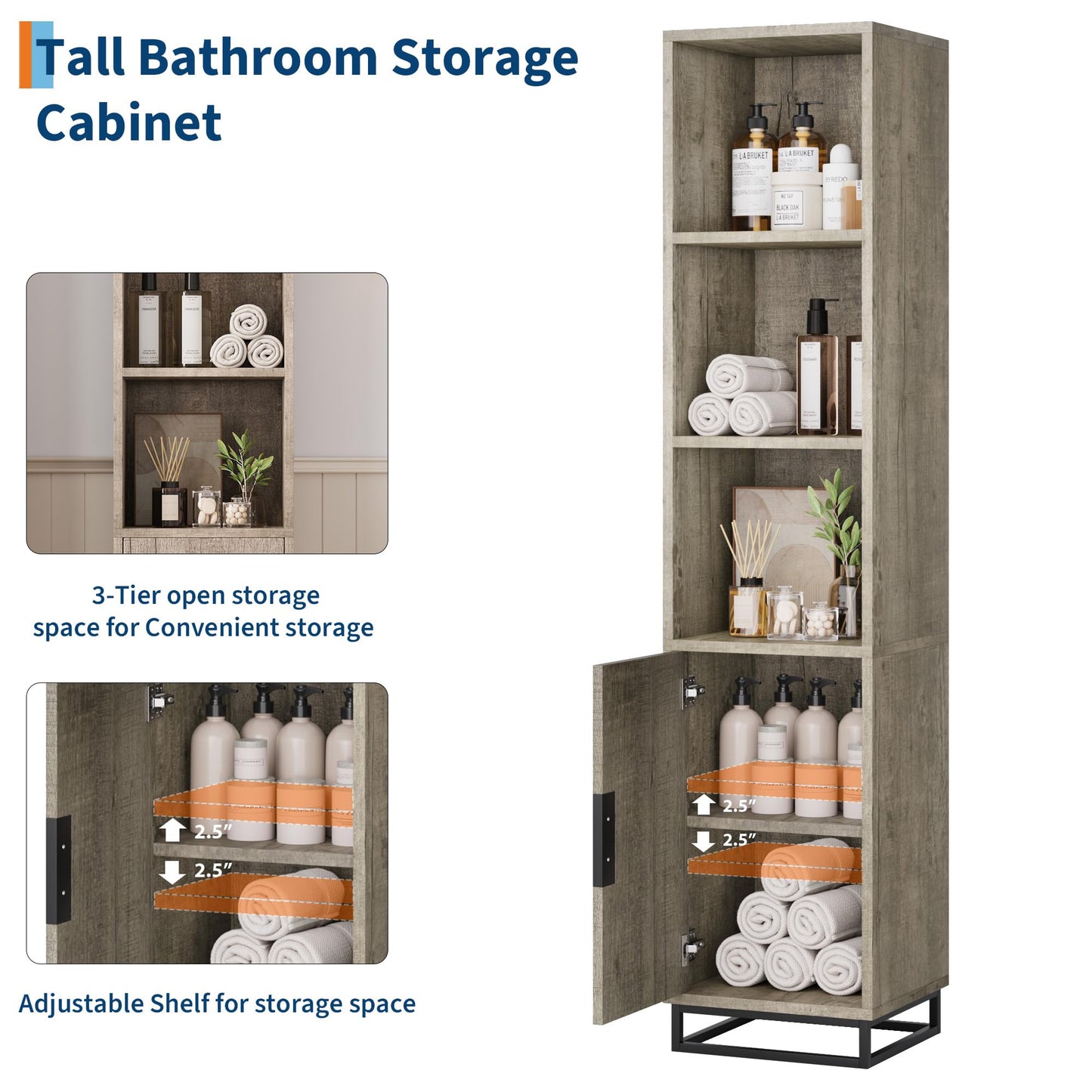 GarveeHome Narrow Bathroom Cabinet, 70" Tall Storage Cabinet with Metal Frame Base and Adjustable Shelf, Open Storage Freestanding for Laundry Room, Living Room, Small Space, Grey