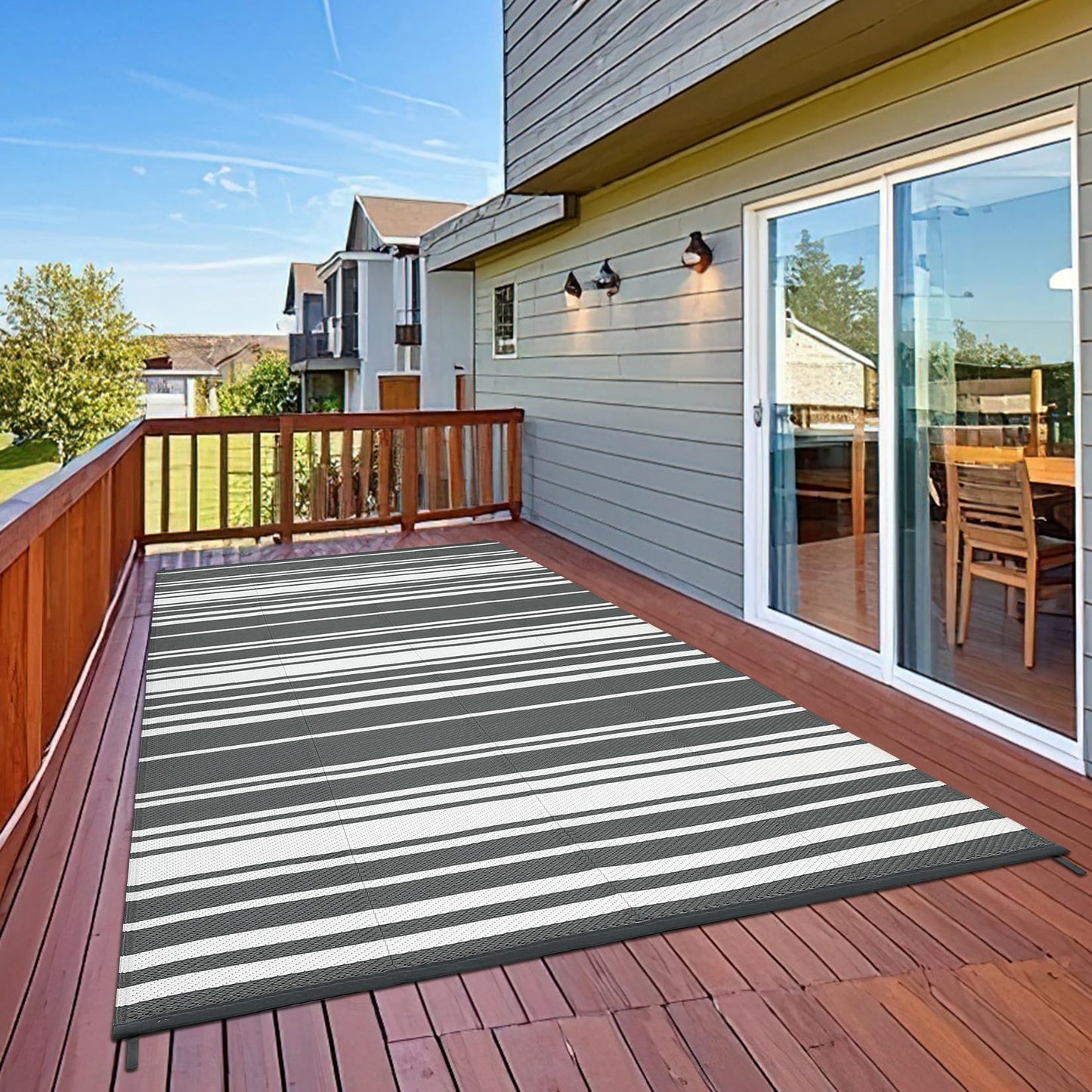 GarveeHome Outdoor Rug Mat for Patio, 9x18 Plastic Straw Rug, Modern Striped Outdoor Camping Rugs for Patio, RV, Porch, Deck, Backyard, Balcony, Camping, Trailer (Grey)