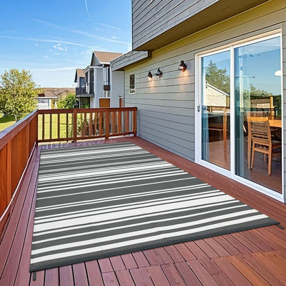 GarveeHome Outdoor Rug Mat for Patio, 9x18 Plastic Straw Rug, Modern Striped Outdoor Camping Rugs for Patio, RV, Porch, Deck, Backyard, Balcony, Camping, Trailer (Grey)