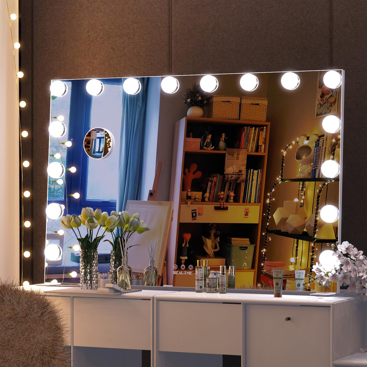 BEAUTME Large Vanity Mirror with Lights, 35.9''×24.3'' Makeup Mirror, Light up Mirror with 16 Dimmable LED Lights and 10X Magnification, 3 Colors Lights Modes, Touch Control, White