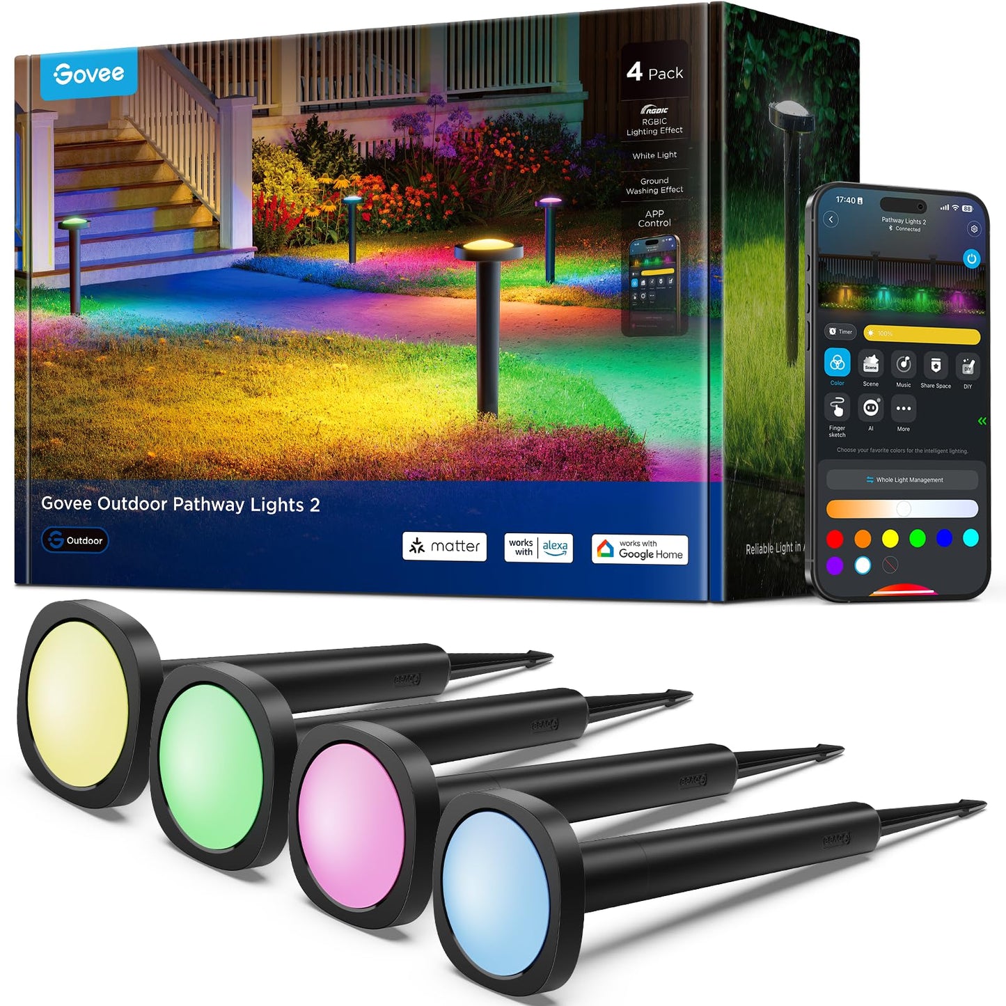 Govee Outdoor Pathway Lights 2, IP66 Waterproof Patio Lights, 60+ Scene Modes Landscape Lighting for Yard, Garage, Garden, Lawn, Outdoor Decor, Works with Alexa, Google Assistant, Matter, Wired 4 Pack