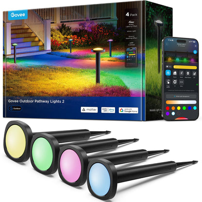 Govee Outdoor Pathway Lights 2, IP66 Waterproof Patio Lights, 60+ Scene Modes Landscape Lighting for Yard, Garage, Garden, Lawn, Outdoor Decor, Works with Alexa, Google Assistant, Matter, Wired 4 Pack