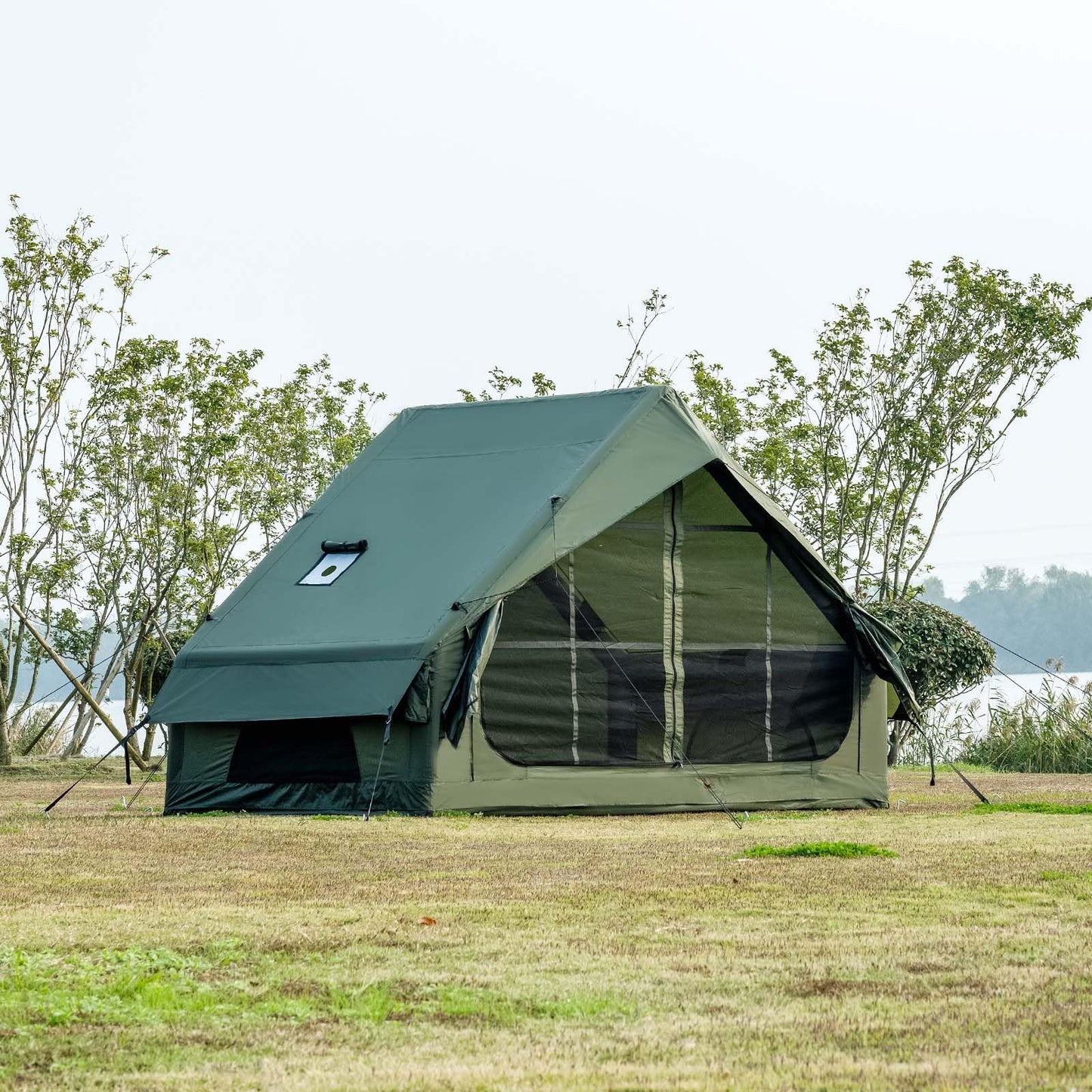 WaldZimmer Inflatable Camping Tent with Hand Pump Waterproof Outdoor Blow up Tent Oxford 4 Season Air Tent Cabin House with Mesh Windows & Door 12sq/6sq Green (9.74ft*6.46ft*6.56ft (3-4 Person))