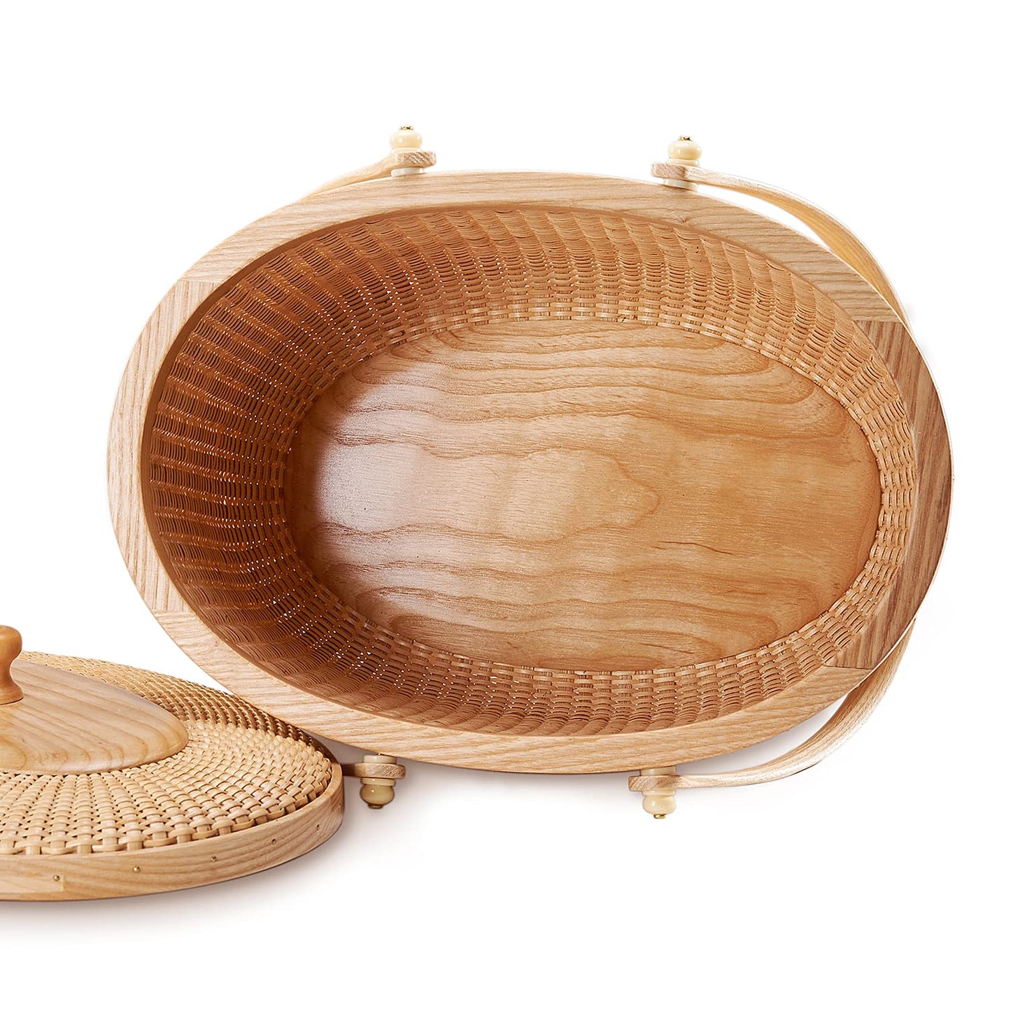 Teng Jin Nantucket Sewing Basket, Cane-on-cane Weave, Hard Ash, Oval, With Lid and Wood Handles