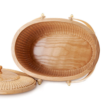 Teng Jin Nantucket Sewing Basket, Cane-on-cane Weave, Hard Ash, Oval, With Lid and Wood Handles