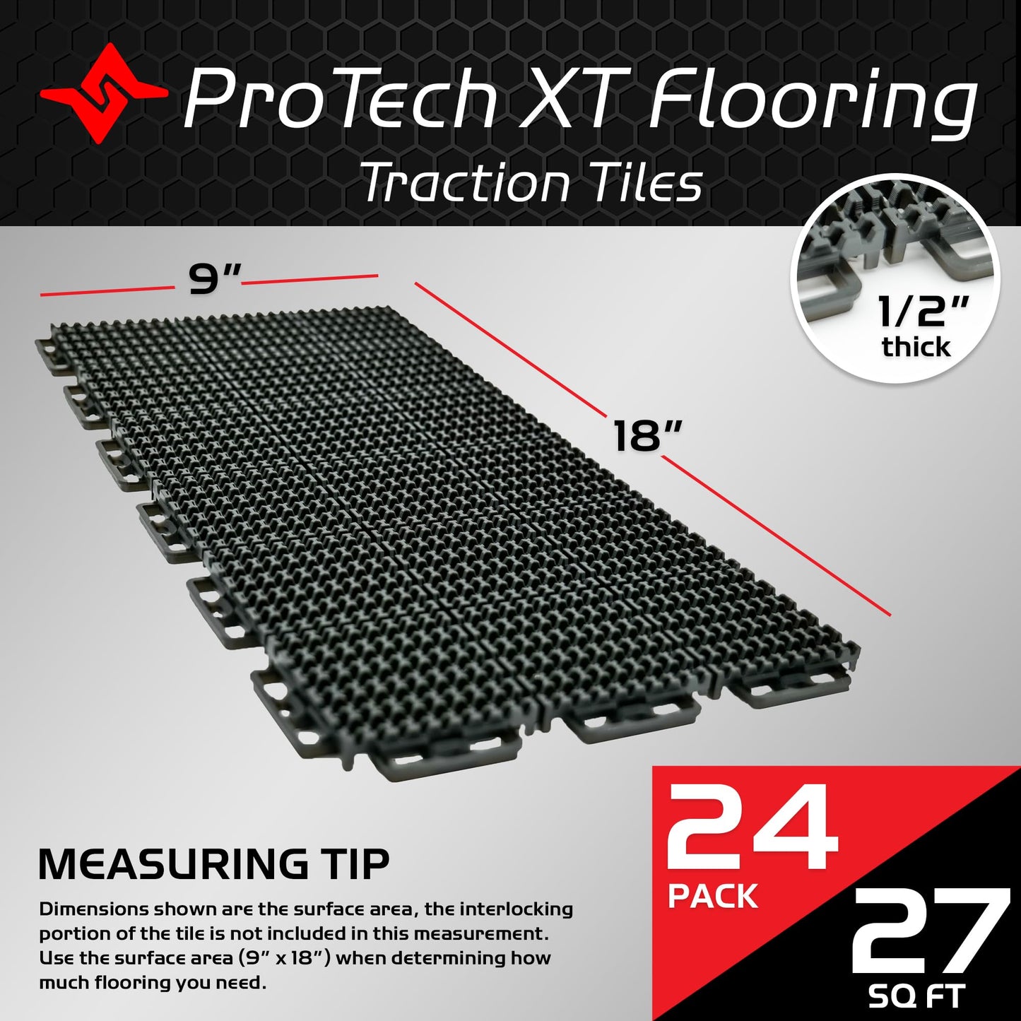 Caliber ProTech XT Garage Flooring, Trailer Flooring, Interlocking Traction Tiles, 9” x 18”, Red, 24-Pack