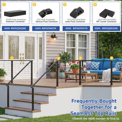 Zylorix 3Pack 6'6" Stainless Steel T304 Black Handrail for Cable Railing with Nylon End Cap Extension Connectors, 2.36" W x 1.18" H Cuttable Flat Handrail Rectangular Top Rail for Indoor Outdoor