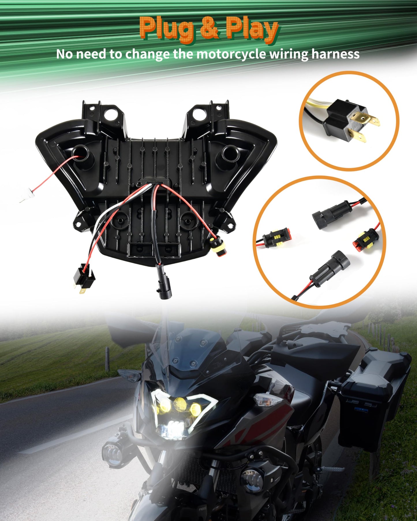 VEISUTOR LED Headlight Assembly for Versys-X300, Projector LED Headlamp Front Lights Head Lights with Hi/Low Beam DRL Turn Signal Fog Light for Kawasaki Z650 Versys-X300 KLE300 2017-2021 Accessories