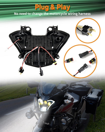 VEISUTOR LED Headlight Assembly for Versys-X300, Projector LED Headlamp Front Lights Head Lights with Hi/Low Beam DRL Turn Signal Fog Light for Kawasaki Z650 Versys-X300 KLE300 2017-2021 Accessories