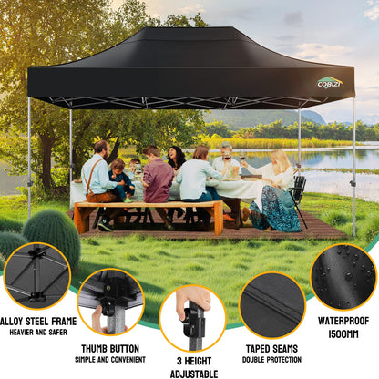 COBIZI 10x15 Heavy Duty Pop Up Canopy Tent with 4 Sidewalls Thicken Frame, Commercial Easy Up Outdoor Wedding Party Tents, All Season Waterproof Windproof with Stakes Sandbags Ropes Bag, Black