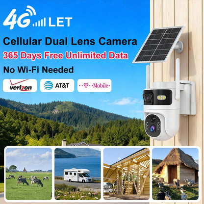 CUUKSHKN Dual Lens 4G LTE Cellular Security Camera Wireless Outdoor,365 Day Free Unlimited Data,No WiFi Solar Powered,360°Auto Tracking,2K Color Night Vision,PTZ Motion Dtetection,Tuya Smart Camera