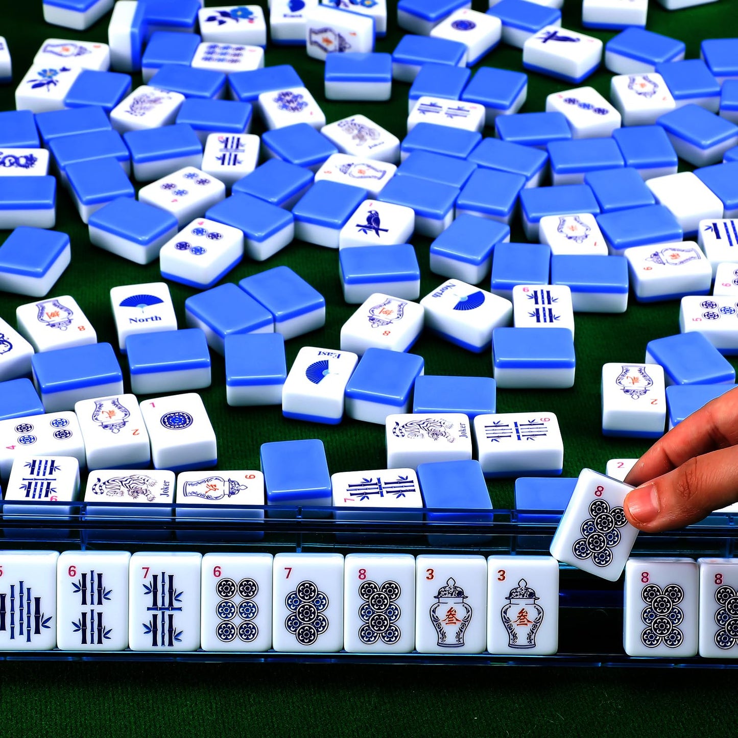 Arrowbash Christmas 160 Pcs Chinoiserie Mahjong Tile Set, 1.2 x 0.8 Inches Melamine Blue Back American Mahjong Only, Travel Ma Jiang Tiles for Adult Classic Board for Family Night