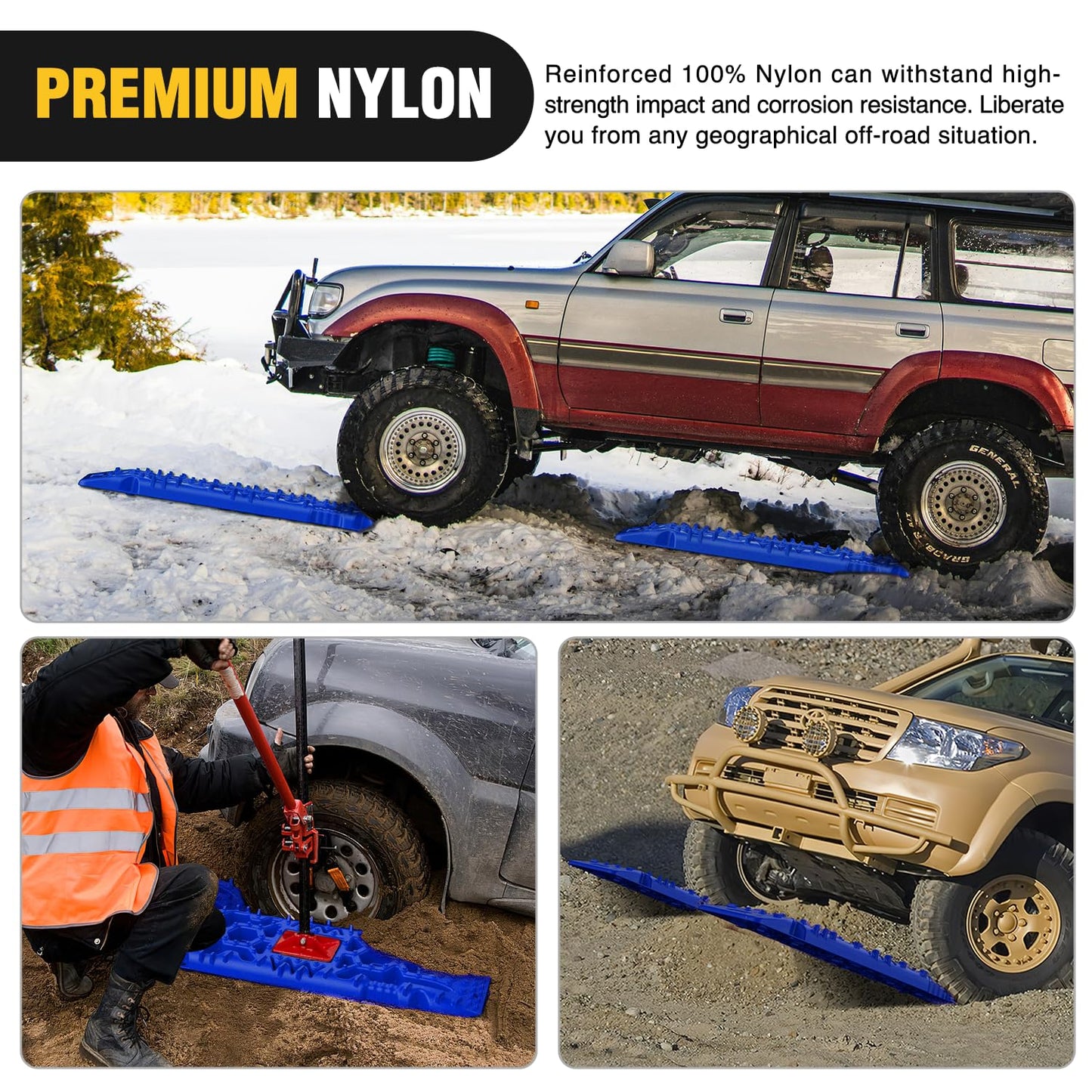 Nilight Recovery Off-road Traction Boards with Jack Lift Base Emergency Tire Ladder Mats For 4WD 4X4 Mud Sand Snow with 2PCS Mounting kit Carry Bag 2 leashes (Blue)