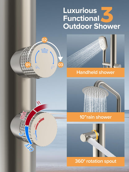 WCQQ 316 Stainless Steel Outdoor Floor Shower with 3 Functions, Brushed Nickel Freestanding 10" Headshower & Handheld Shower for Backyard Patio Relaxation/Easy Garden Clean