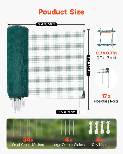 VEVOR Temporary Fence with Posts, 3 x 164 FT Plastic Mesh Fencing, Garden Safety Fences Netting with Double-Spike Stakes & Guy Ropes, Temporary Fence for Dogs, Chickens, Plants, Outdoor Yards