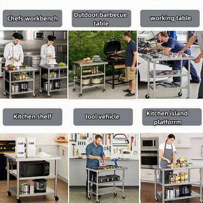 Stainless Steel Table with Wheels for Food Preparation and Work, Multi-Size Optional, Three-Layer Variable Two-Layer Metal Commercial Workbench Outdoor, Restaurant, Kitchen(36" Lx24 Wx35 H)