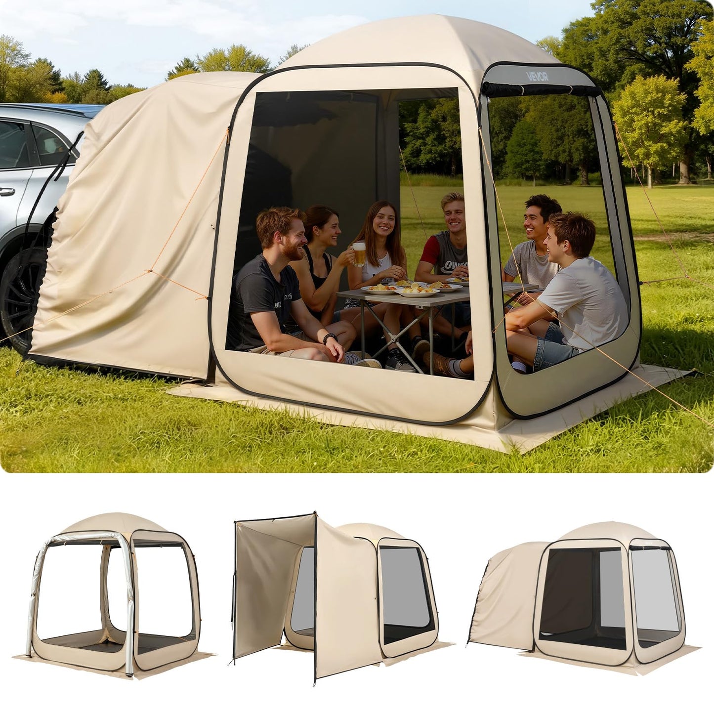 VEVOR SUV Tailgate Tent, 6 x 6 ft Pop-Up Screen House Canopy for 4–6 Person, Portable Screened Shelter with Carry Bag, for Car Camping, Backyard, Patio, Outdoor Activities