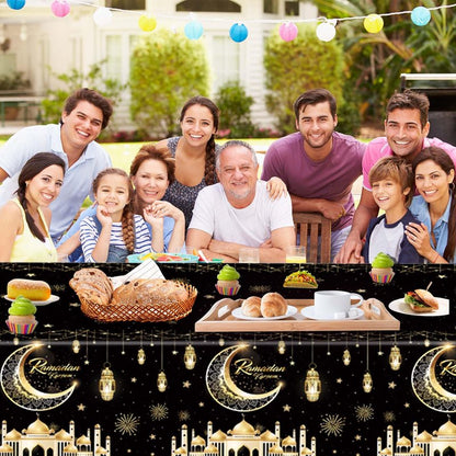 Qpout 3 Pack Ramadan Tablecloths, Disposable Plastic Rectangle Eid Table Covers with Moon and Star Design for Ramadan Mubarak Decorations, 108 x 54 Inches