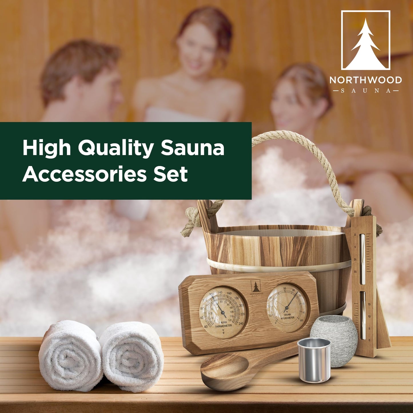 Northwood Sauna - Sauna Accessories Kit - Handmade from Canadian Red Cedar Wood - Core Set (Bucket & Ladle, Thermometer & Hygrometer, Sand Timer, Aromatherapy Cup)