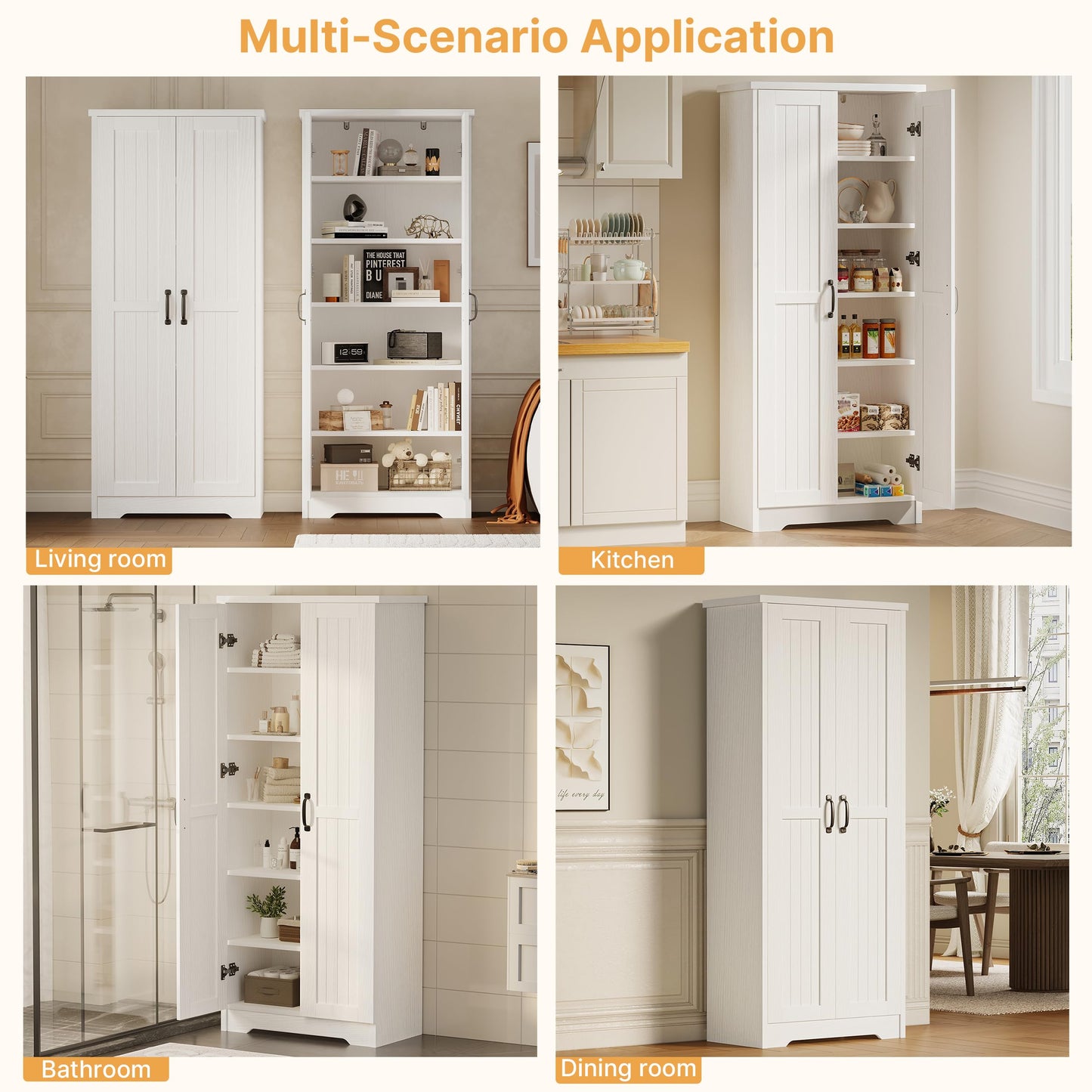Decofy 70" Tall Storage Cabinet, Large Wood Storage Pantry Cabinet with 6 Adjustable Shelves & 2 Doors, Standing Utility Storage Cabinets for Kitchen, Bathroom, Dining Room (Soft White)