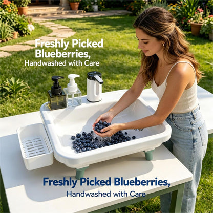 Portable Camping Sink with Electric Faucet, Adjustable Height Stand, Freestanding Outdoor Hand Washing Station, Foldable Wash Basin with Drain Hose & Soap Dispenser, Tank-Free Mobile Sink for Camping