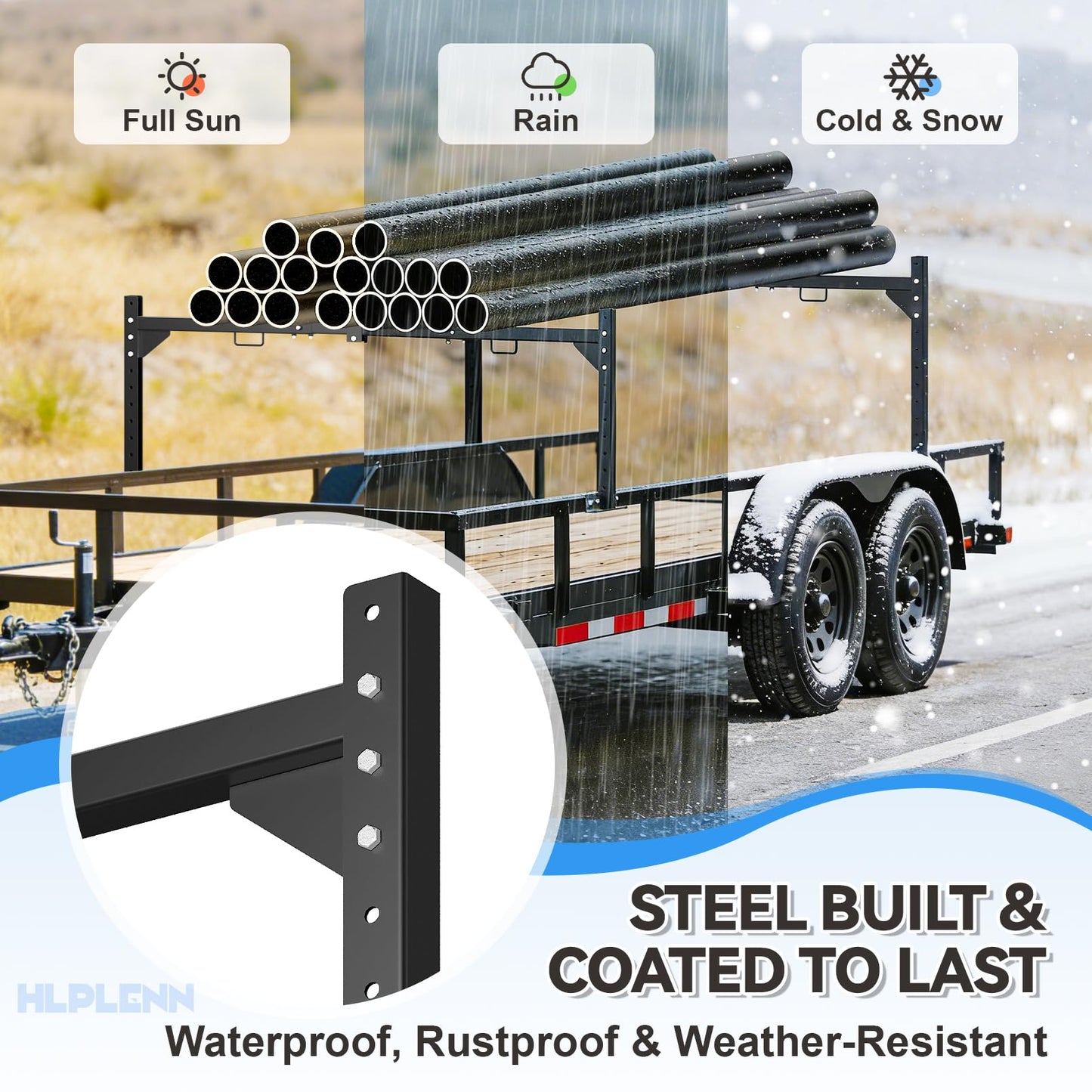 Universal Trailer Ladder Rack, Heavy Duty Adjustable Roof Ladder Rack for Enclosed & Open Trailers, 52.6"-88.4" W & 6.5"-23.5" H Adjustable, 400 lbs Capacity, Rustproof Steel with Ladder Stoppers