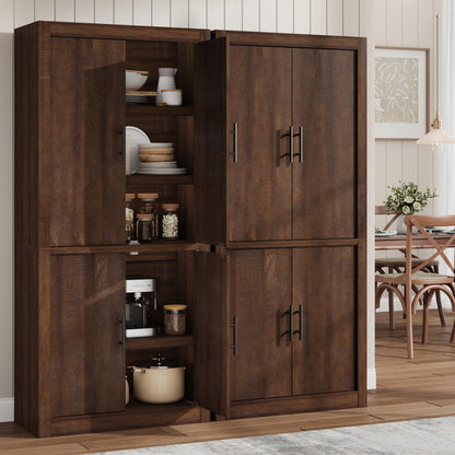IDEALHOUSE Tall Wooden Kitchen Pantry Cabinet, Farmhouse 4-Magnetic Door Freestanding Food Storage Cupboard Pantry Cabinet with Adjustable Shelves & Large Storage for Dining, Living Room, Retro Brown