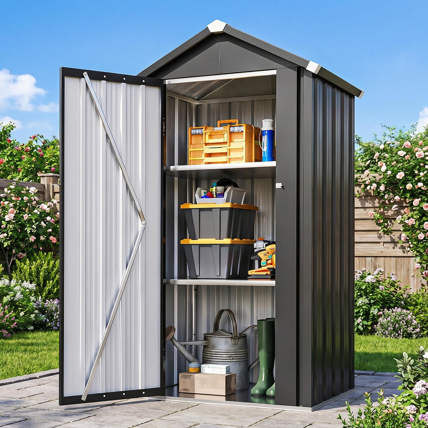 Aoxun Vertical Metal Tool Cabinet 2.5x2FT, 21 Cu.Ft Weatherproof Outdoor Storage Shed with Floor & Adjustable Shelves, Space-Saving Design for Garden, Garage, Patio
