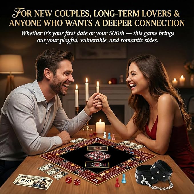 Adultopoly with Handcuffs – a Romantic Spin on The Classic Board-Game. Playful Date Night Games for Couples to Spark Romance Fun and Deeper Connection. The Ultimate Adultopoly Board Game