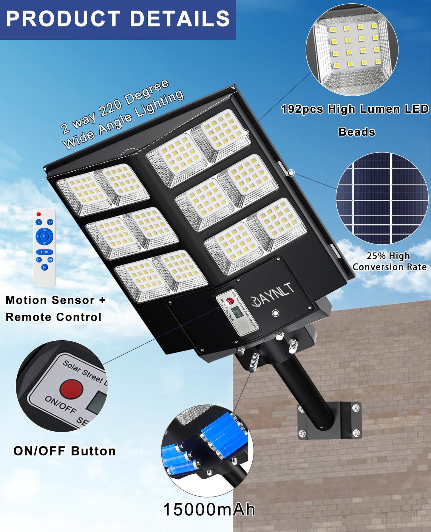 JAYNLT Y-2000W Solar Street Light, 200000LM 6500K Solar Flood Lights Outdoor Dusk to Dawn, 6500K IP67 Waterproof Parking lot Light Outdoor with Motion Sensor and Remote Control for Garage, Road