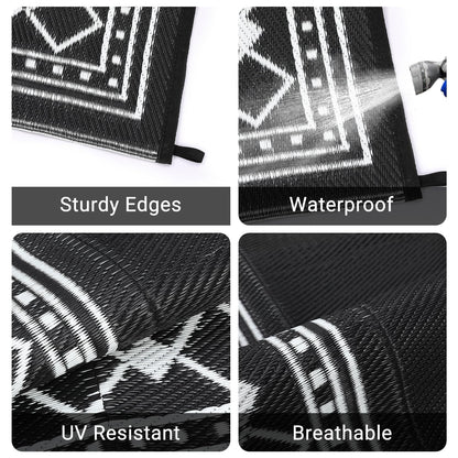 GlowSol 10x14 Outdoor Rug Waterproof Reversible Camping Mat, Plastic Straw Rug for RV Deck Backyard Porch Balcony Lawn & Beach, Easy Cleaning Outdoor Patio Rugs for Outside Decor, Black/White