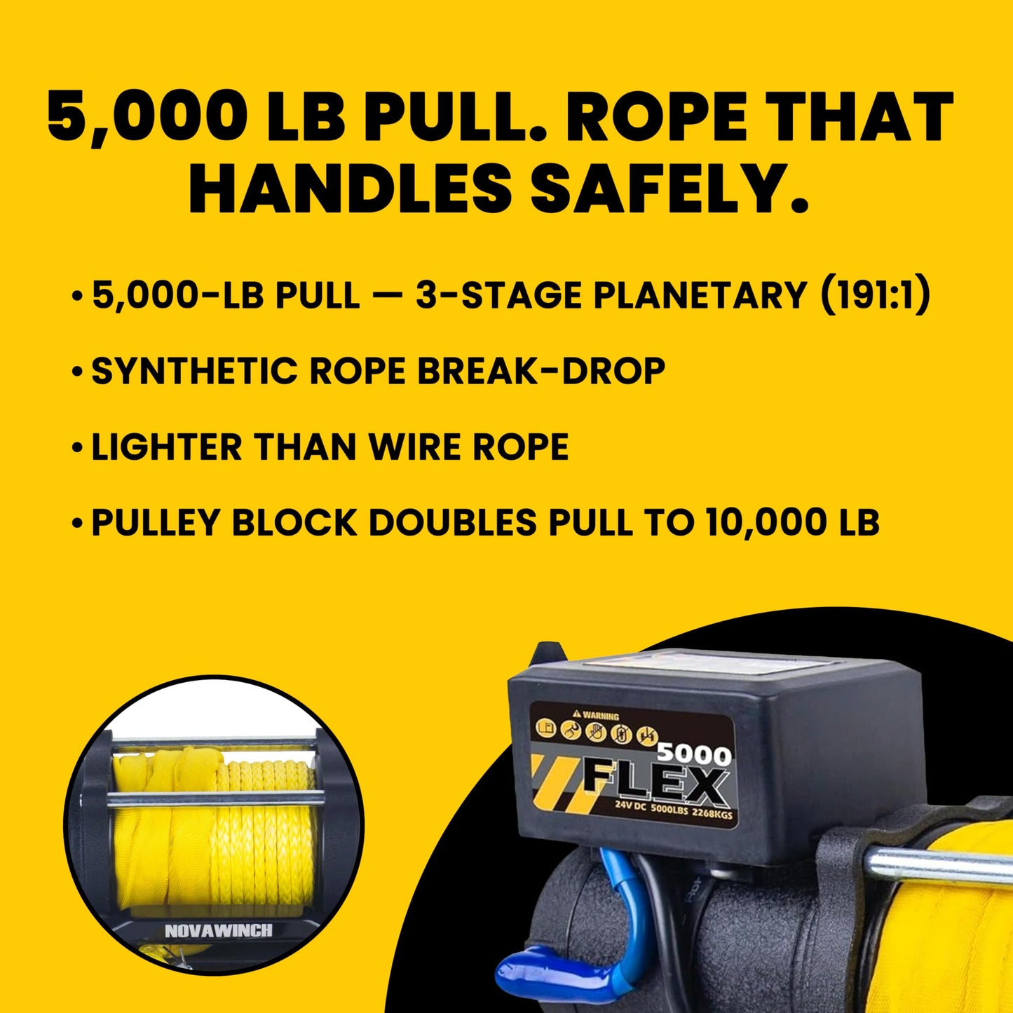 Novawinch Flex 5000 lb Trailer Winch 12V Electric - Synthetic Rope, IP68 Sealed Planetary Gearbox, Hawse Fairlead, Auto-Lock Brake, Waterproof Remote - Flatbed, Boat Trailer, Equipment Hauler, SAE