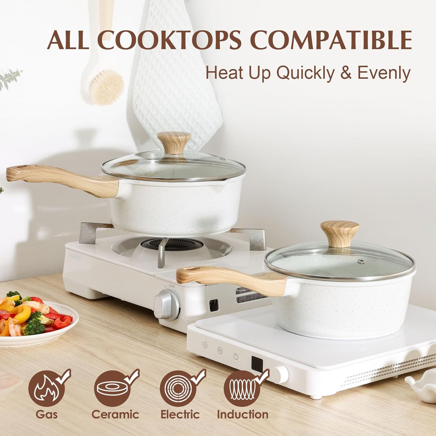 SENSARTE White Ceramic Nonstick Saucepan Set - Induction Compatible Cooking Pots with Stay Cool Handles | 2.0QT & 2.5QT