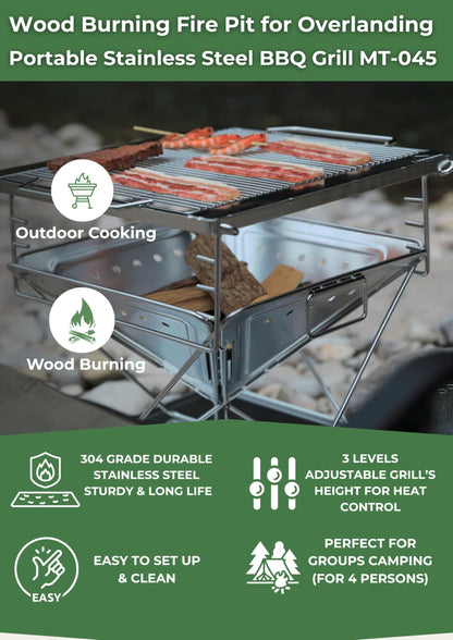 CAMPINGMOON 3 in 1 Flatpack Portable Fire Pit Grill 14 inch Foldable Stainless Steel Wood Burning Camping Stove Adjustable Height Overlanding Outdoor Cooking RV Trips Carry Bag included MT-045