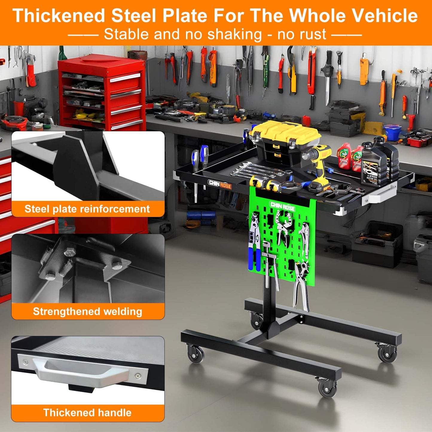 Adjustable Height Mobile Work Table with Rolling Wheels, Rolling Tray Table for Mechanics, Garages, Repair Shops, Warehouse, Workshop, and DIY