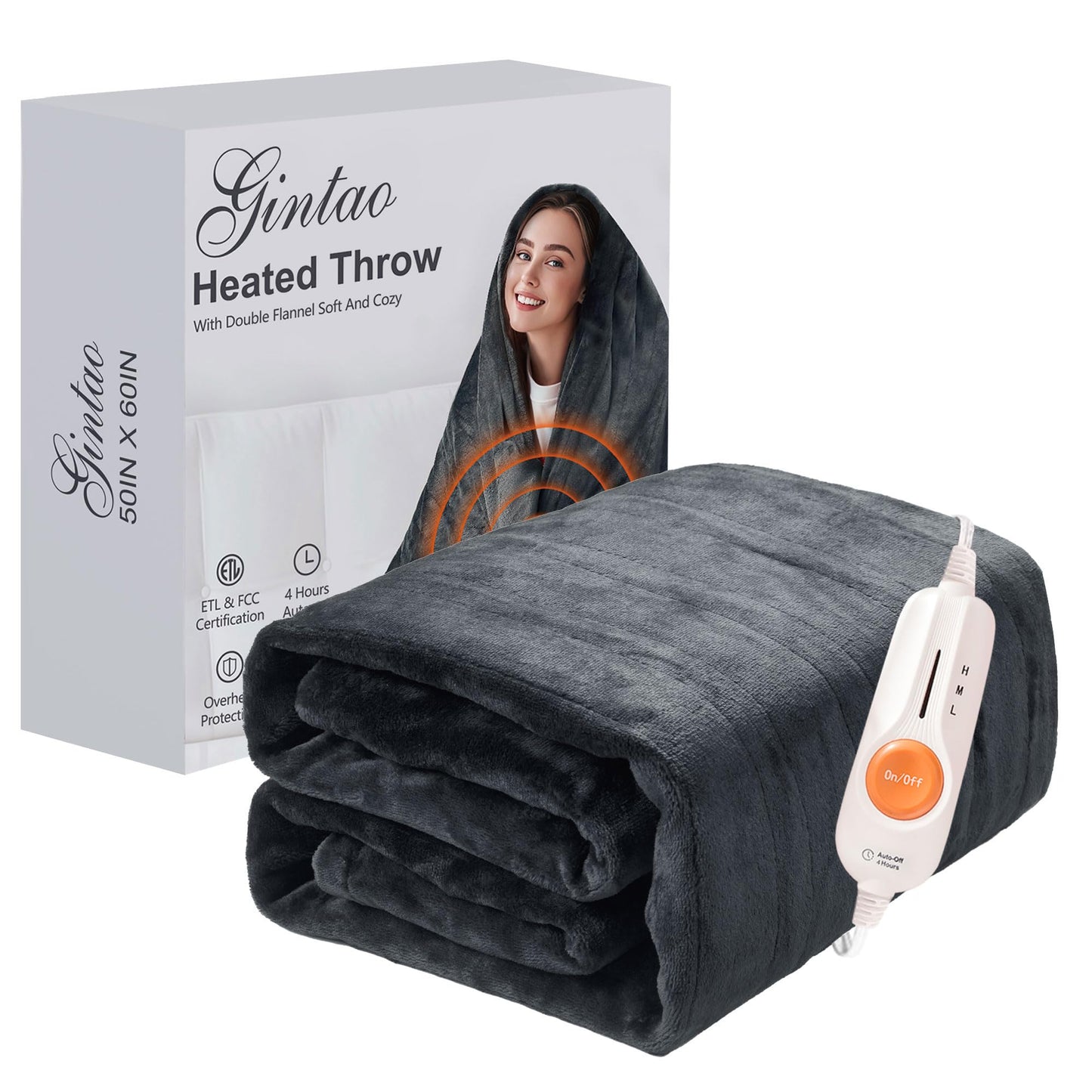 Gintao Electric Heated Blanket Throw,Double Flannel Electric Throw with 3 Heating Levels,ETL&FCC Certified, 4H Auto Off Overheat Protection,Heating Blanket for Home Office,Gifts,50"x60",Gray
