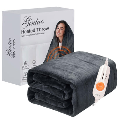 Gintao Electric Heated Blanket Throw,Double Flannel Electric Throw with 3 Heating Levels,ETL&FCC Certified, 4H Auto Off Overheat Protection,Heating Blanket for Home Office,Gifts,50"x60",Gray