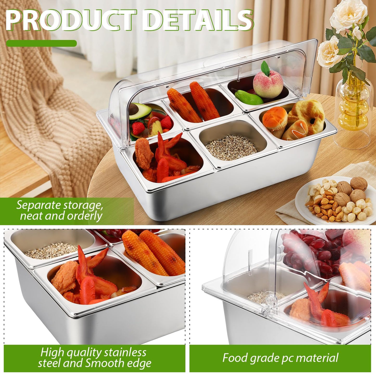 Ziliny Countertop Food Serving Display Container Clear Roll Top Cover 6 Pan Stainless Steel Ice Food Buffet Server Salad Bar Pizza Topping Station Condiment Dispenser Restaurant Kitchen Party(Silver)