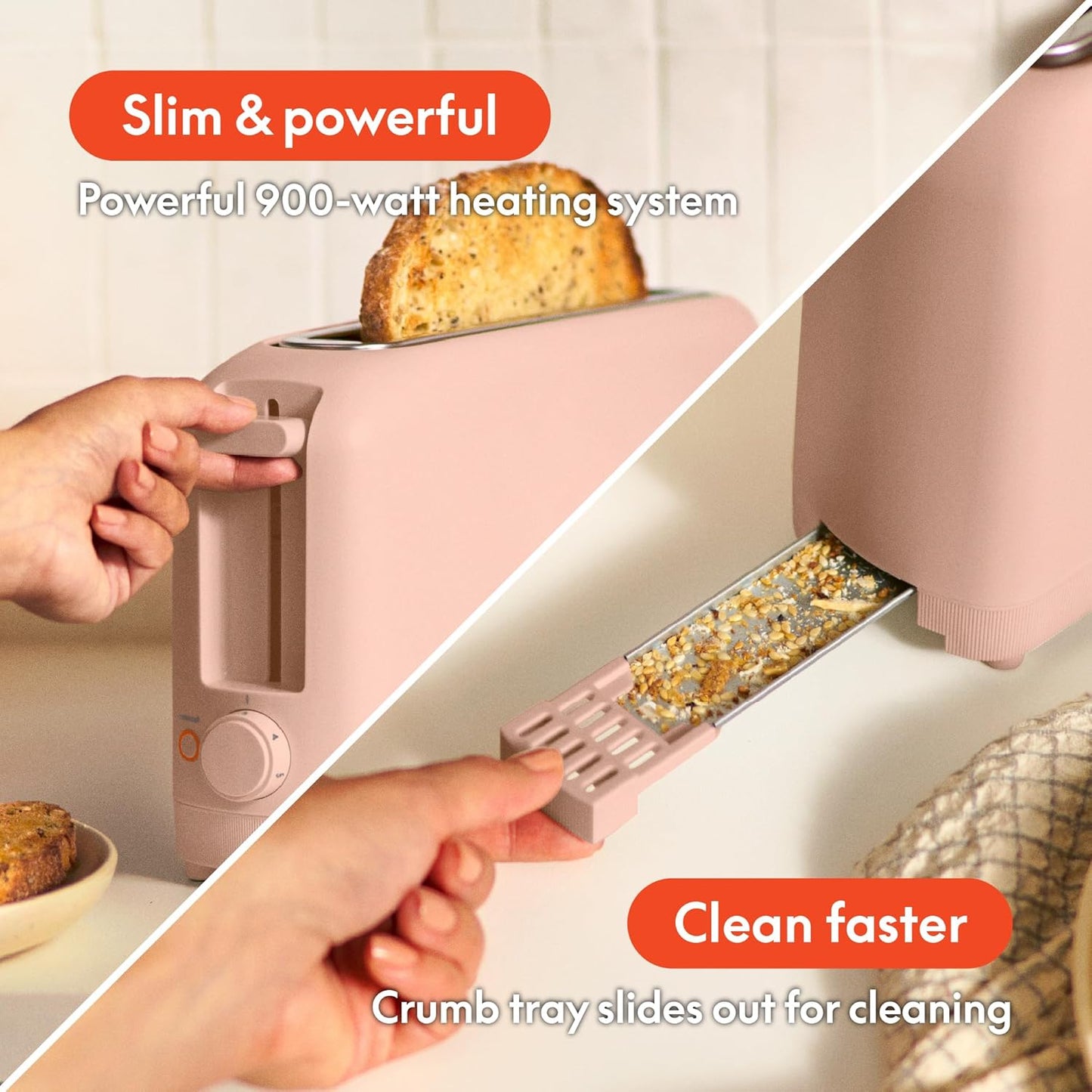 Bella 2 Slice Slim Toaster - 6 Setting Shade Control, Reheat & Cancel Buttons | Fits 10” Long Sourdough, Blossom Color