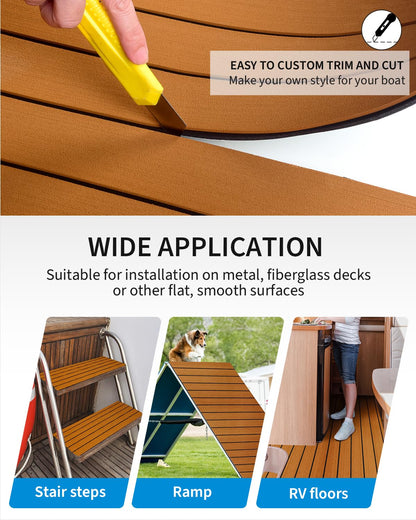 OCEANBROAD Boat Flooring EVA Foam Self-Adhesive 96''x45.6'' Faux Teak Marine Boat Decking Sheet for Jon Boats Yacht Floor, Brown with Black Seam Lines