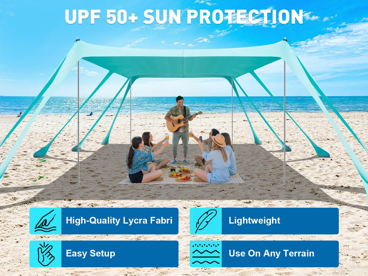 Beach Tent Sun Shelter, 13x10FT Beach Shade Canopy with 10 Sandbags, UPF50+ Outdoor Beach Canopy for Camping Trips, Fishing, Backyard - Sand Shovel, Ground Pegs & Stability Poles